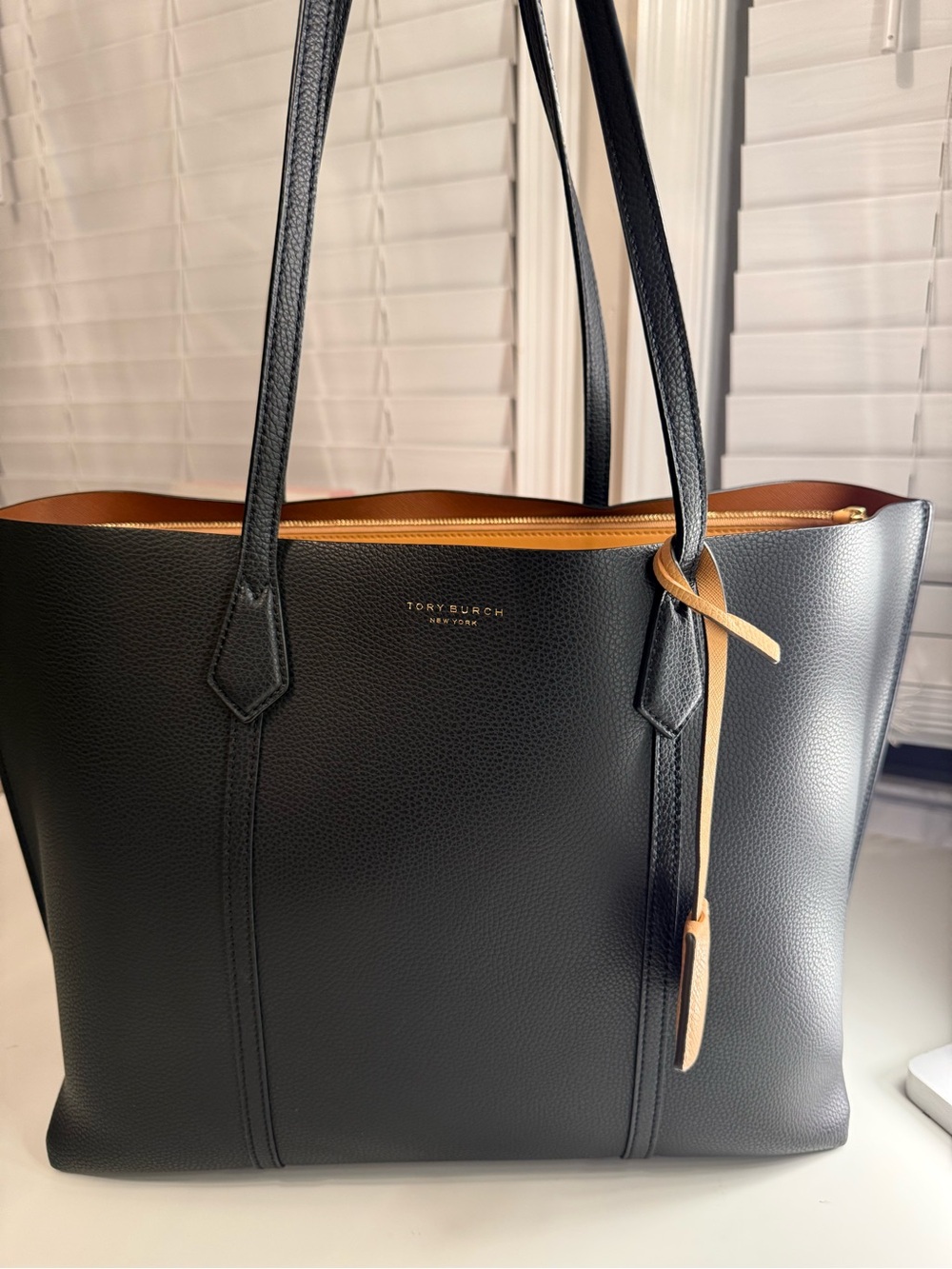 Tory Burch Black Leather Tote with Tan Trim and Gold Logo